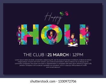 Happy Holi. Poster, banner, flyer for the festival, in yellow, pink, green, blue tones on a blue background. March 21 Pigloshka for the holiday. Vector illustration