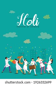 happy Holi, poster, banner, template. Cartoon Young people Playing Holi On White costume . vector illustration design.