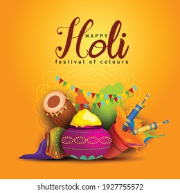 Happy Holi, poster, banner, template. Stylish text with holi elements. vector illustration design yellow background.