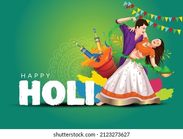 happy Holi, poster, banner, template. stylish letter with Holi elements. Indian couples playing Holi dance. vector illustration design.