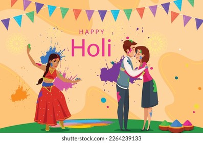 happy Holi, poster, banner, template. stylish letter with Holi elements. Indian couples playing Holi dance. vector illustration design.