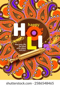 Happy Holi poster design for Hindu festival of colors with round pattern, gulal (dye) and pichkari (airbrash). Vector illustration.