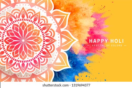 Happy holi poster with exploded colorful powder and rangoli design, 3d illustration