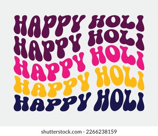 Happy Holi quote retro wavy groovy repeat text 3D colorful typographic art eps on white background