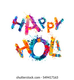 Happy Holi! Rainbow splash paint vector inscription