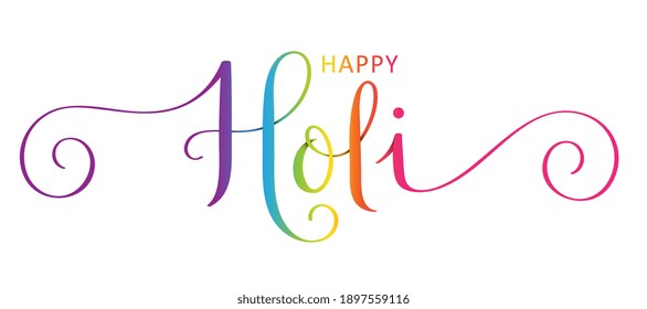 HAPPY HOLI rainbow-colored vector brush calligraphy banner with spiral swashes