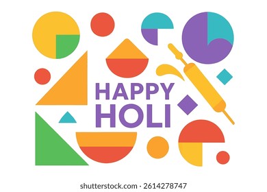 Happy Holi, as represented by a creative flat minimal trendy style colorful geometric shape vector illustration background