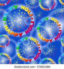 Happy Holi seamless pattern with rainbow words and round decorative elements on blue background.