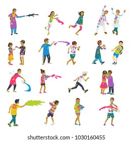 Happy holi set of 20 children characters playing holi. Vector set of characters. Cartoon flat style.