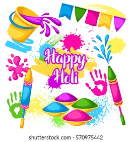 Happy Holi Set Of Elements. Buckets With Paint, Water Guns, Flags, Blots And Stains.