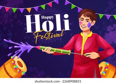 Happy Holi social media Cover Page.  Young cheerful boy playing colorful Holi festival design template for website banner, social post, greetings invitation card, sale promotion, and poster design.