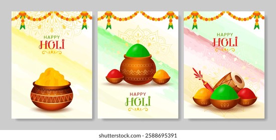 Happy Holi social media story temlpate set. Holi festival poster, stories, banner and flyer vector illustration