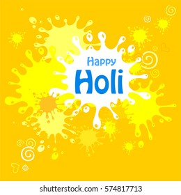 Happy Holi spring festiva. Celebration yellow background with colors splash, Frame and place for your text.  Vector Illustration