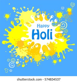 Happy Holi spring festiva. Celebration blue background with colors splash, Frame and place for your text.  Vector Illustration