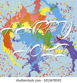 Happy Holi spring festival of colors greeting vector background with realistic volumetric colorful Holi powder paint clouds and sample text. Blue, yellow, pink and violet powder paint