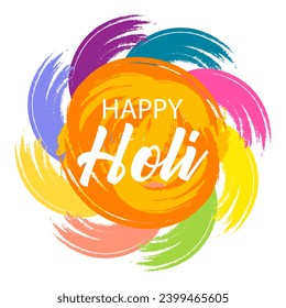 Happy Holi, the spring festival of colors in India. Abstract colorful strokes with grunge texture brush and congratulatory text. Banner, postcard, vector