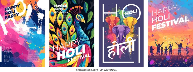 Happy Holi spring festival of colors poster. Indian tradition holiday print. People joy with abstract colorful powder splashes. India national color festive art placard. Hindu text translation Holi