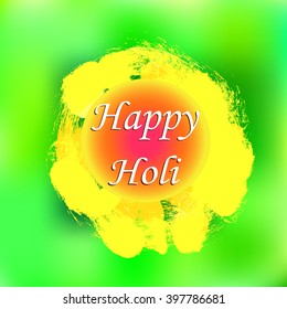 Happy Holi spring festival of colors greeting vector background with realistic volumetric colorful Holi powder paint clouds and sample text. red green yellow