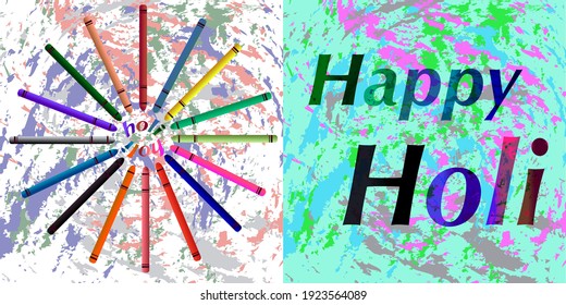 Happy Holi spring festival of colors.Vector illustration with realistic volumetric colorful pencils and colored text. Background, postcard. 