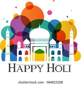 Happy Holi. Taj Mahal with abstract traditional colorful dust for Holi holiday