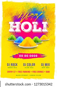 Happy Holi Template Or Flyer Design With Time, Date And Venue Details.