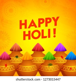 Feliz diseño de plancha de holi o volante con ollas de color sobre fondo naranja. Se puede usar como diseño de tarjetas de felicitación.