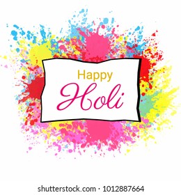 Happy holi text with colorful color splash. Abstract vector design and illustration with colorful holi text and color splash. Poster and card design.