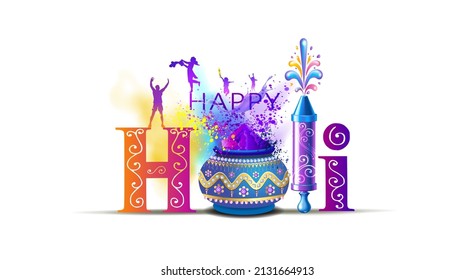 Happy Holi Text Design mit buntem Splash of Gulal. Menschen Kinder spielen und feiern Holi Festival