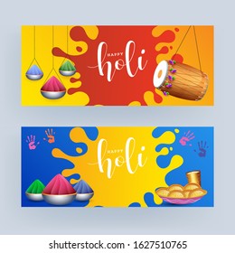 Happy Holi Text with Dholak, Color Bowls, Thandai Glass and Indian Sweet (Gujiya) in Two Color Option.