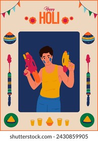 Happy Holi text with festival elements and Indian young man celebrating Holi festival vector illustration 