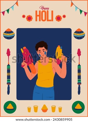 Happy Holi text with festival elements and Indian young man celebrating Holi festival vector illustration 