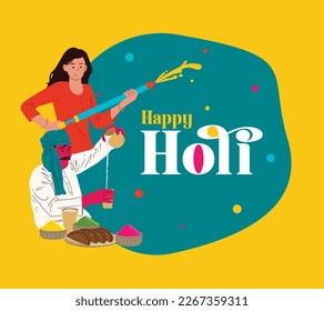 Happy Holi text with a girl playing with colors and a man with a Holi food vector design.