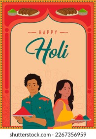 Happy Holi text with Indian couple playing colorful Holi festival design template for website banner, social post, invitation card, and poster design 