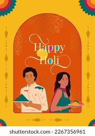 Happy Holi text with Indian couple playing colorful Holi festival design template for website banner, social post, invitation card, and poster design 