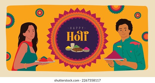 Happy Holi text with Indian couple playing colorful Holi with food and dry colors. Holi festival design template for website banner, social post, invitation card, and poster design