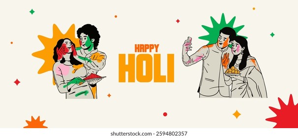 Happy Holi text with Indian couple celebrating Holi festival colourful vector illustration 