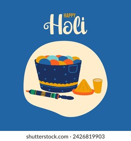 Happy Holi text, Indian festival Holi elements vector hand-drawn illustrations.