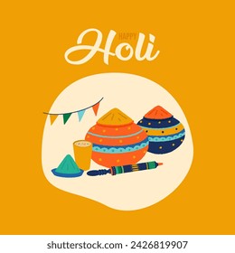 Happy Holi text, Indian festival Holi elements vector hand-drawn illustrations.