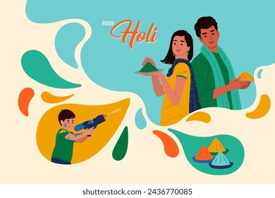 Happy Holi text with Indian people playing colorful Holi with dry colors. Holi festival design template for website banner, social post, invitation card, and poster design