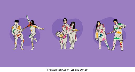 Happy Holi text with Indian people celebrating Holi, Colourful festival vector illustration, social media banner design template