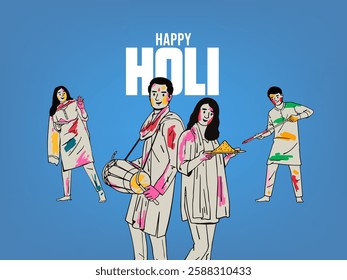 Happy Holi text with Indian people celebrating Holi, Colourful festival vector illustration, social media banner design template