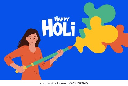 Happy Holi text with Indian woman playing colorful Holi festival design template for website banner, social post, invitation card, and poster design 