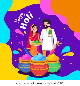 Happy Holi text with two cartoon figures, a man with a pichkari and a woman holding gulal,celebrate in front of colorful powder containers The vibrant background features abstract shapes and splashes