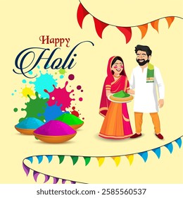 Happy Holi text two joyful cartoon figures a man with a pichkari and a woman holding gulal The vibrant background bursts with colors enhancing the festive spirit Bowls of colored powder and play