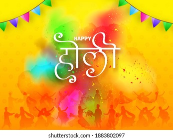 Happy Holi text is written in Hindi Language, Celebration Background With Silhouette People Playing Colors.