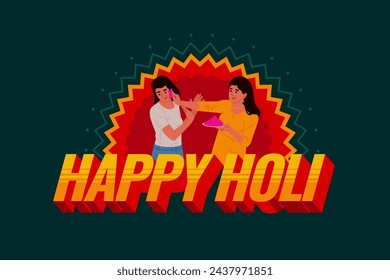 Happy Holi typography design layout with young girls playing Holi editable vector illustration 