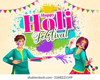 Happy Holi Typography with Indian people playing colorful Holi festival design template for website banner, social post, greetings invitation card, sale promotion, and poster design.