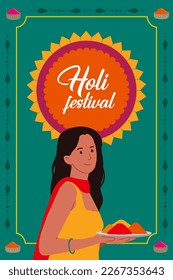 Happy Holi typography with Indian woman playing colorful Holi festival design template for website banner, social post, invitation card, and poster design