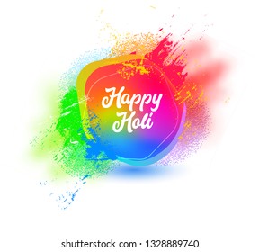 Happy Holi Typography Poster Print Greeting Card. Blue Pink Green Yellow Purple Brush Stroke on White Background. Concept Celebration Rainbow Wallpaper Design Flat Cartoon Vector Illustration