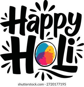 Happy Holi Typografie Vektor. Handgezeichneter Schriftzug mit bunten Spritzern für das indische Fest der Farben Grußkartendesign